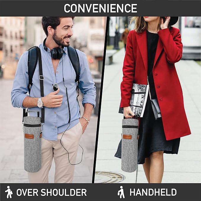 opux Wine Bag Single Bottle Carrier Tote, Insulated Wine Cooler Bag for Travel Picnic Beach with Shoulder Strap, Thermal One Bottle Holder Carrying Case Wine Gift for Women Men, Heather Light Gray