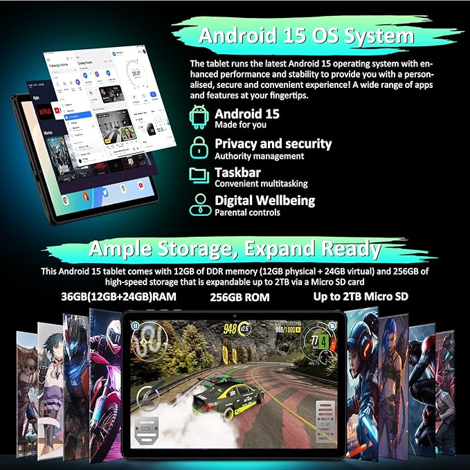 Android Tablet, 11" Android 15 Tablet, 2K FHD Display Tablets, 36GB RAM (12+24) & 256GB ROM,1TB Expandtion, Octa-Core, 8000mAh, WiFi 6, BT 5.0, HD IPS Large tableta, Keyboard & Mouse Included