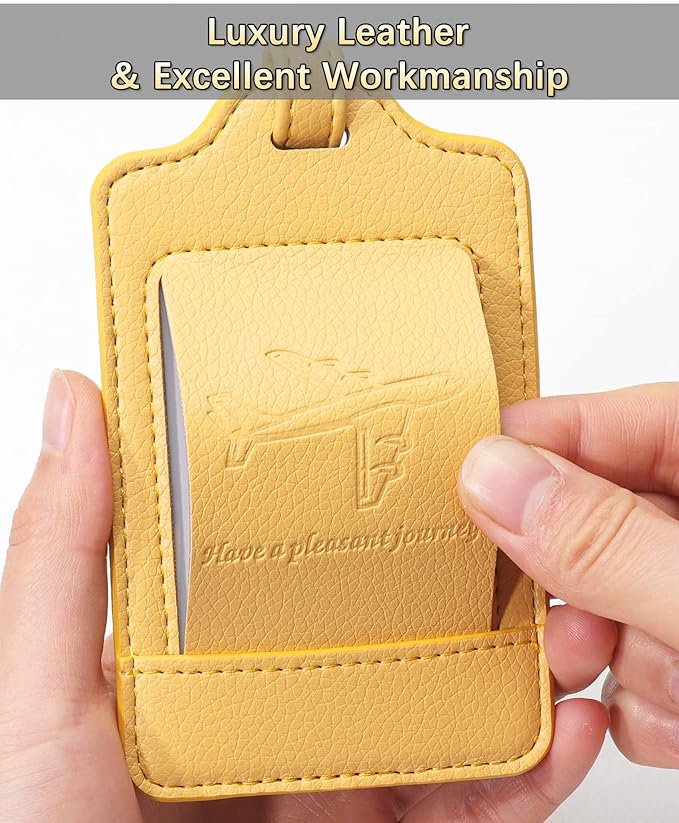 Teskyer Luggage Tags, 3 Pack Premium PU Leather Luggage Tags for Suitcases, Privacy Protection Travel Bag Tags, Lichee Yellow
