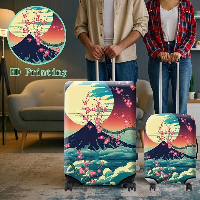 Luggage Cover Suitcase Protector + Luggage Tag, Landscapes Sakura Mount Fuji Travel Suitcase Cover for 18-20 inch Luggage (S) with Concealed Zipper Washable Elastic Cloth Dustproof Anti-Scratch