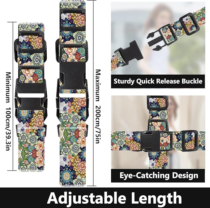 2 Pack Luggage Straps for Suitcases Adjustable Luggage Belt TSA Approved, Bright Colors Travel Packing Straps with Quick Release Buckle Unique Nylon for Sleeping Bag Car Seat, Flower Mix