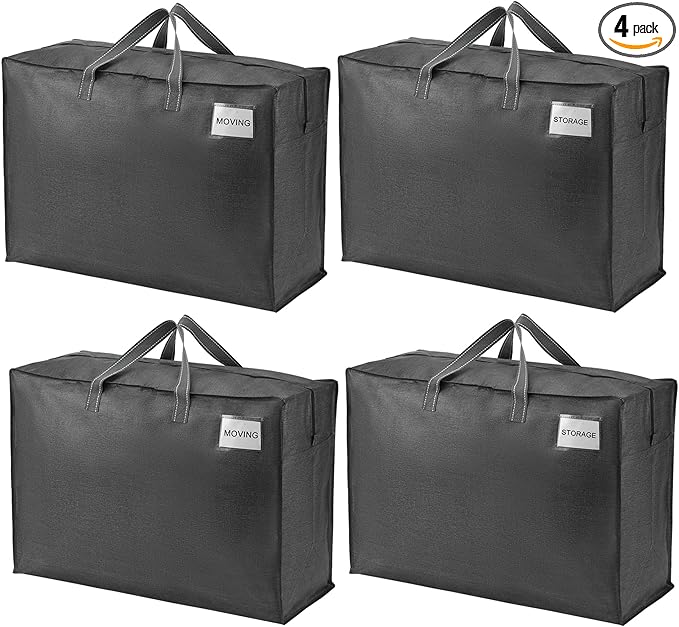 VENO 4 Pack Heavy Duty Moving Bags, Storage Bags, Packing Supplies, Top Zipper, Storage Totes for Camping, Clothes, Bedding, Comforters, Pillows (27 Gallon Dark Gray, 4 Pack)