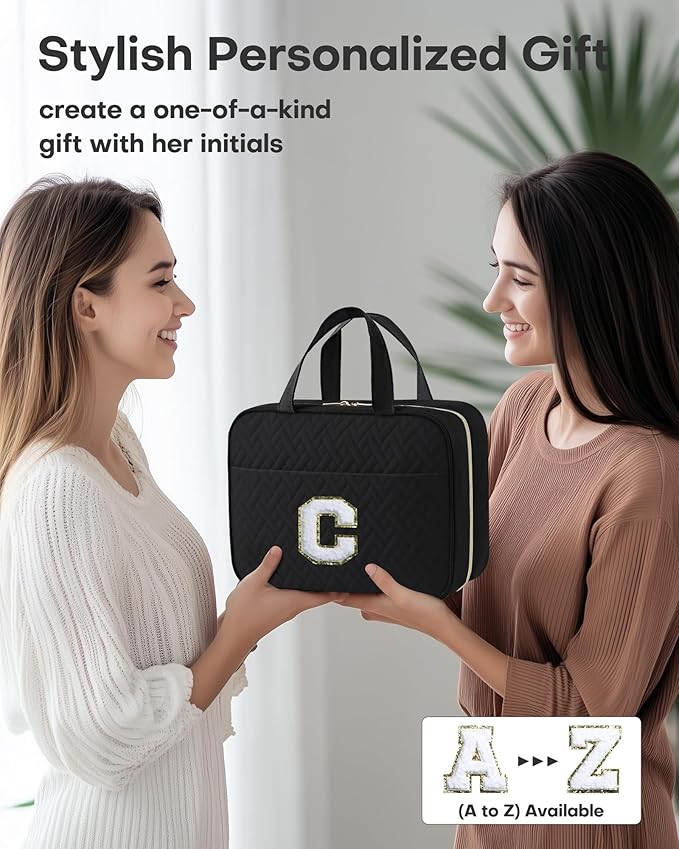 HOTOR Travel Toiletry Bag - Personalized Chenille Initial Makeup Bag, Water-Resistant Personalized Gifts for Women, Portable Travel Accessories & Essentials, Letter C, Black, 11.4"×9.0"×3.35"