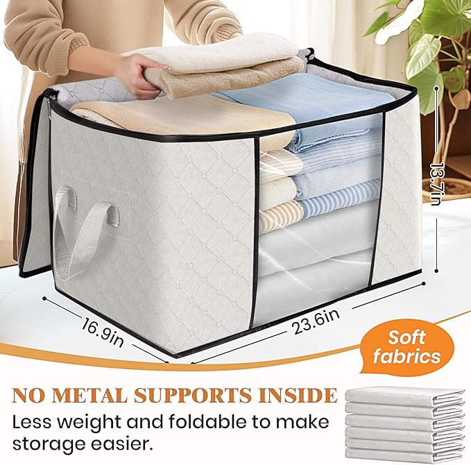 Fab totes 24 Gallons Clothes Storage, Foldable Thick Fabric Blanket Storage Bags, Containers for Organizing Bedroom, Closet, Clothing, Comforter, Organization with Handle (4 Pack,Ivory)