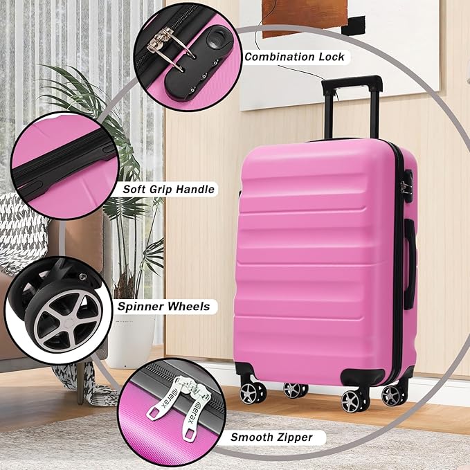 Merax Luggage Set 6 Piece, Hardshell ABS Suitcases with 8 Silent Spinner Wheels, Durable and Lightweight Travel Luggage for Family Trips, Pink