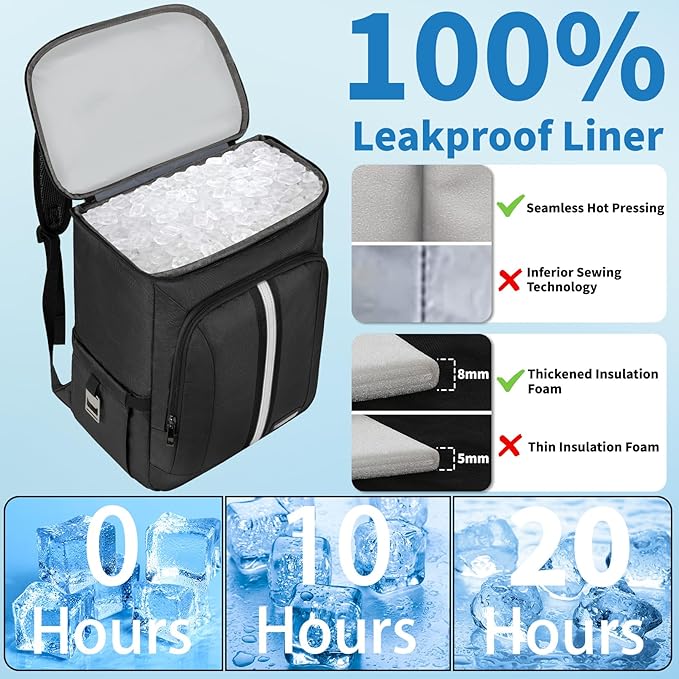 Backpack Cooler Insulated Leak Proof 35 Cans, 2 Insulated Compartments Thermal Bag, Portable Lightweight Beach Travel Camping Lunch Backpack for Men and Women, 30L, Reflective Stripes, Water-Resistant