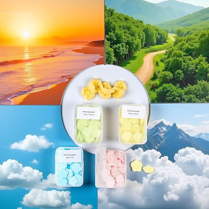 4 Boxes Paper Soap, 4 Random Different Scented Mini Portable Disposable Petal Hand Wash Sheets, Dissolvable Hand Bath Soap,Suitable for Outdoor,Camping and Hiking,Personal Care(Approx 400 Sheets)