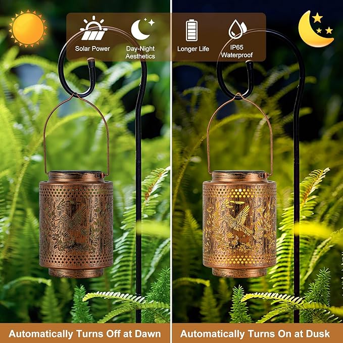 2 Pack Solar Lanterns Outdoor Waterproof Hummingbird and Iris Hanging Garden Lights with Metal Build Decorative Warm Light Solar Lamps for Patio Yard Gifts for Women