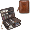 LANNSYNE Full Grain Leather Travel Cable Accessories Bag, Electronic Organizer Carry Case Double Layer Storage Case for Cables, Charger, Phone, Power Bank