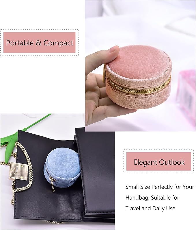 TAIMY Velvet Travel Jewelry Box, Round Small Travel Jewelry Case for Women Girls, Portable Mini Jewelry Travel Organizer Boxes for Rings Earrings Necklaces Bracelets(Navy Blue) 3.15x3.15x1.57in