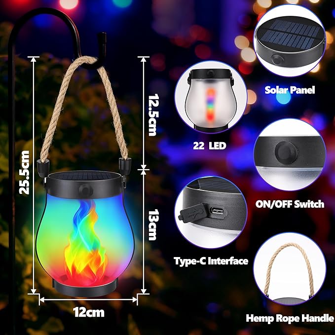 Halloween Solar Flame Lantern Hanging Outdoor Waterproof Purple - 2 Pack Flame Lanterns with Dual Charging Modes of Solar & USB for Garden or Yard Halloween Decorations (Multicolor - 1 Pack)