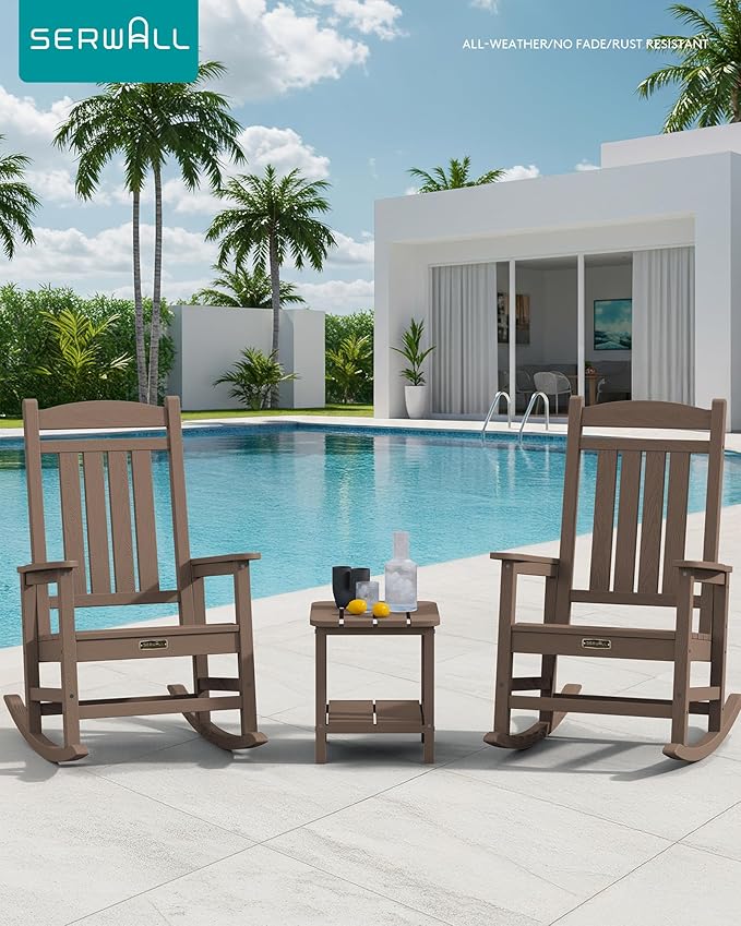 SERWALL Outdoor Rocking Chair, HDPE Patio Rocking Chair All-Weather Porch Rocker for Balcony, Yard, Brown