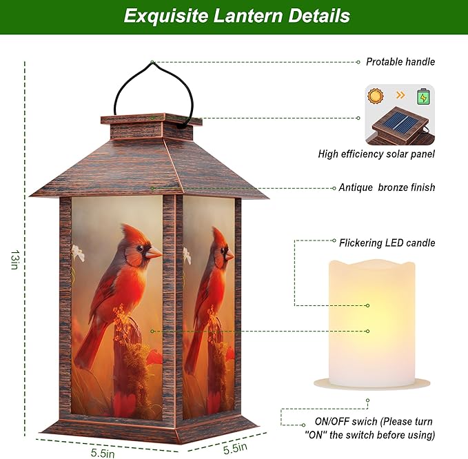 Solar Lanterns Outdoor Waterproof, Cardinal Solar Lights with LED Flickering Flameless Candle, 13'' Cardinal Gifts for Women Grandmas, Red Bird Lanterns Decor for Home Garden Patio Porch, 1 Pack