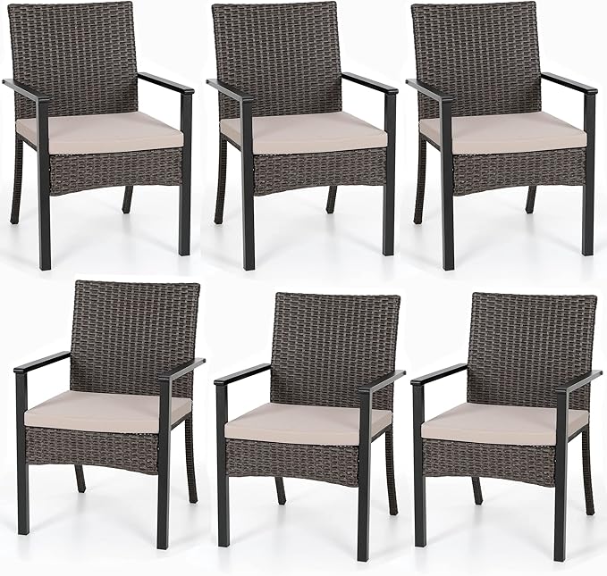 PHI VILLA Outdoor Wicker Chairs Set of 6, Rattan Covered Metal Armchairs with Removable Cushion, Heavy Duty Furniture Set for Patio, Deck, Porch, Yard