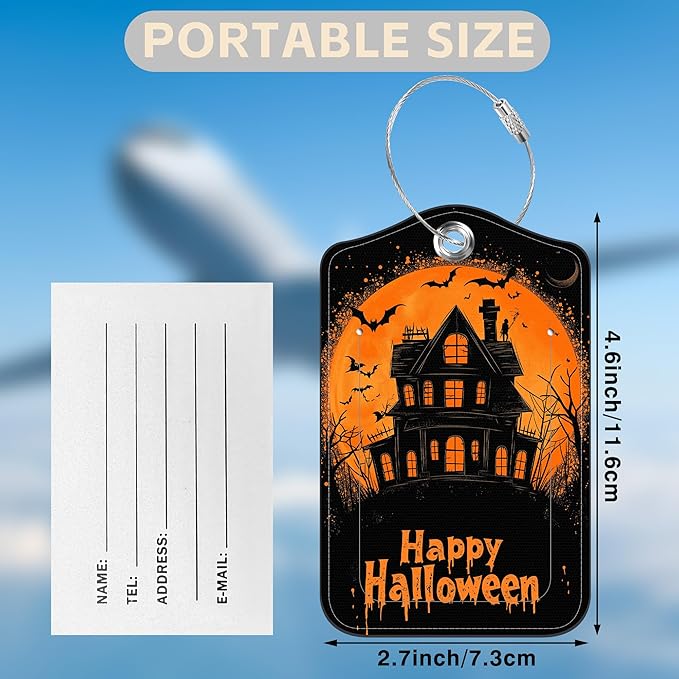 2 Pack Bat and Ghost Luggage Tags for Suitcases Happy Halloween Castle Leather Luggage Tags Privacy Cover ID Label with Stainless Steel Loop and Address Card for Women Men Travel Bag Backpack