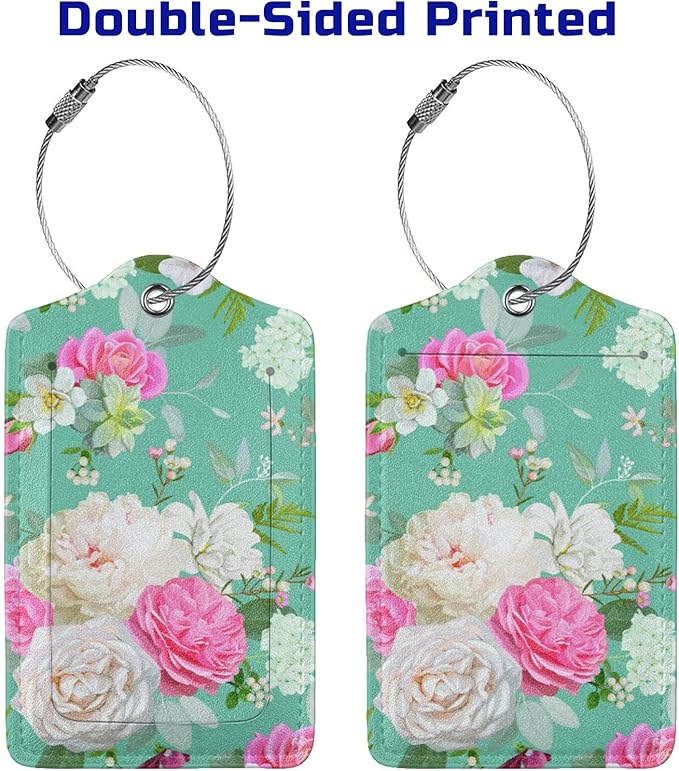 Set of 2 Beautiful Floral-Themed Luggage Tags with Pink and White Roses Flower Pattern, Cute Succulent Green Suitcase Travel Tags for Women Girls, Name ID Identifier Labels with Full Privacy Cover