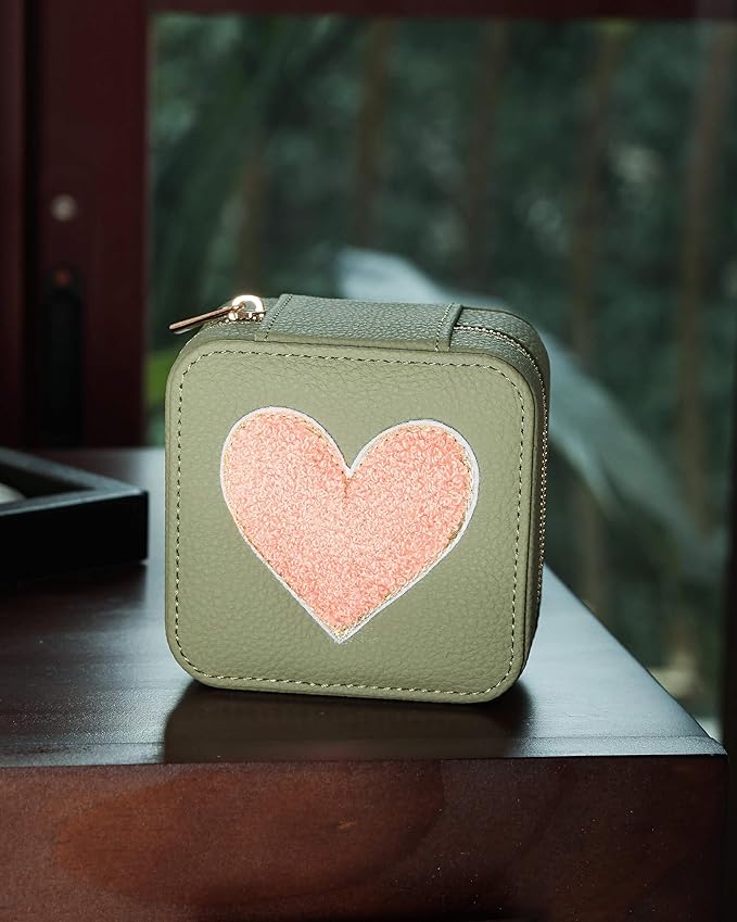 S.Leaf Travel Jewelry Organizer Travel Jewelry Boxes for Women Small Jewelry Travel Case Box Portable Travel Jewelry Case Travel Case Mini Jewelry (03_Lychee_Heart)