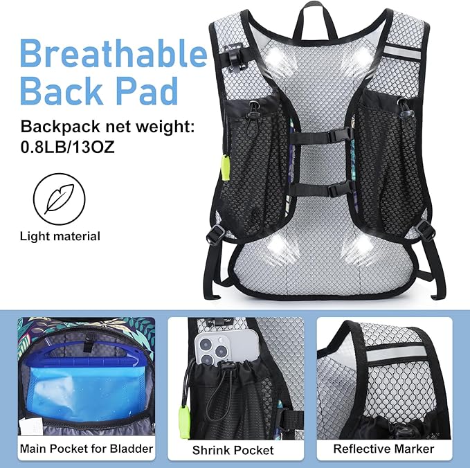 Lightweight Hydration Backpack, Running Backpack with 2L Water Bladder, Hydro Water Daypack for Cycling Hiking Rave for Men Women