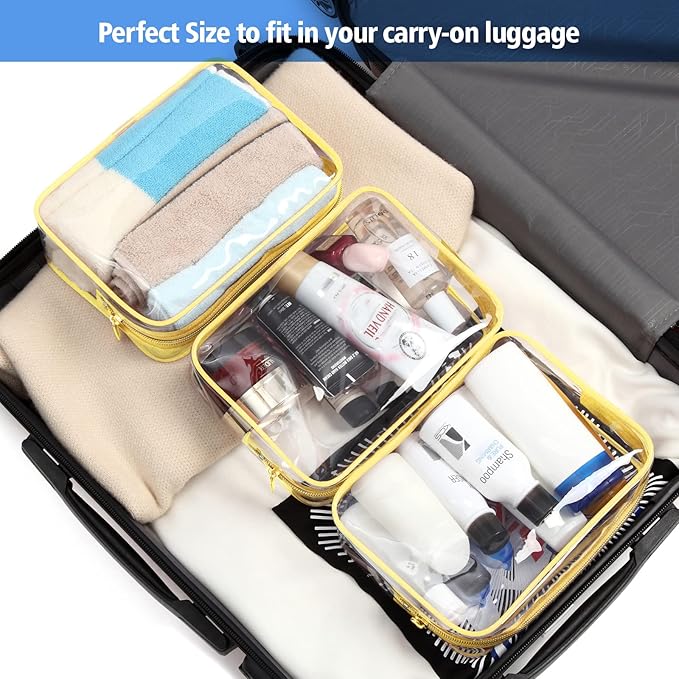 PACKISM Clear Makeup Bag - 2 Packs TSA Approved Toiletry Bag for Women Quart Size Travel Bag TSA Approved, Clear Toiletry Bags for Traveling, Yellow