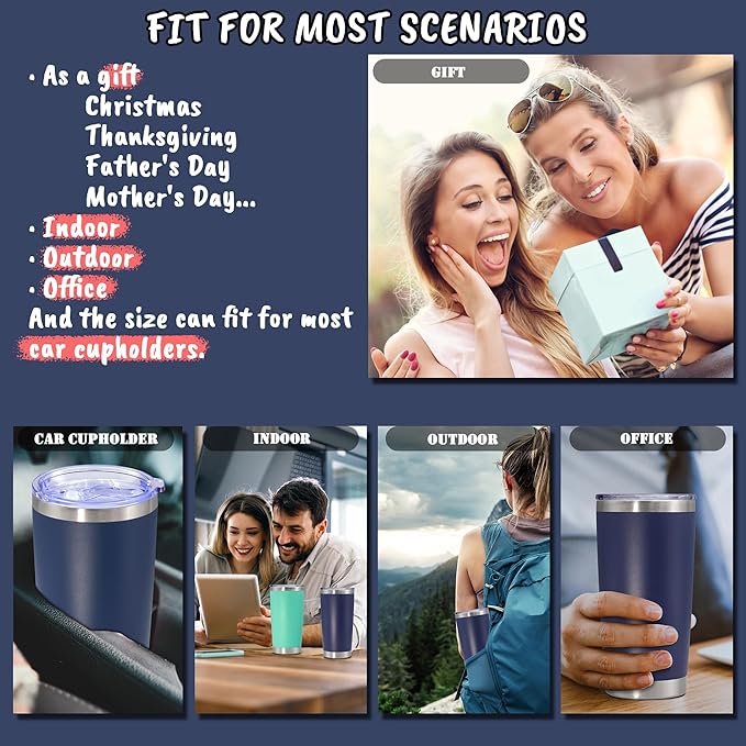 20 oz Tumbler with lid Double Wall Vacuum Insulated Tumblers Stainless Steel Coffee Mug Travel Coffee Tumbler Powder Coated Tumbler Cup Keep Hot&Cold - (Navy 6 Pack)