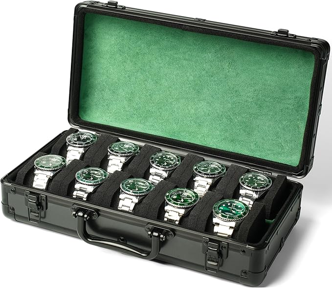10 slots Watch organizer Case, Aluminum watch storage box, hard watch travel box, padded case for watch display and organization