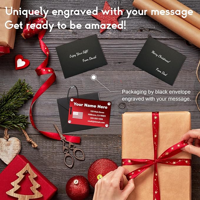 Personalized Metal Luggage Tags for Suitcases, Backpacks and Bags with Your Personalized Text (Red)
