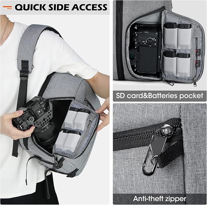 SDYSM Camera Bag Backpack Professional for DSLR SLR Mirrorless Camera Waterproof Laptop Back Pack 14 Inch with Rain Cover Anti Theft Travel Case Large Capacity Photography Backpack Grey