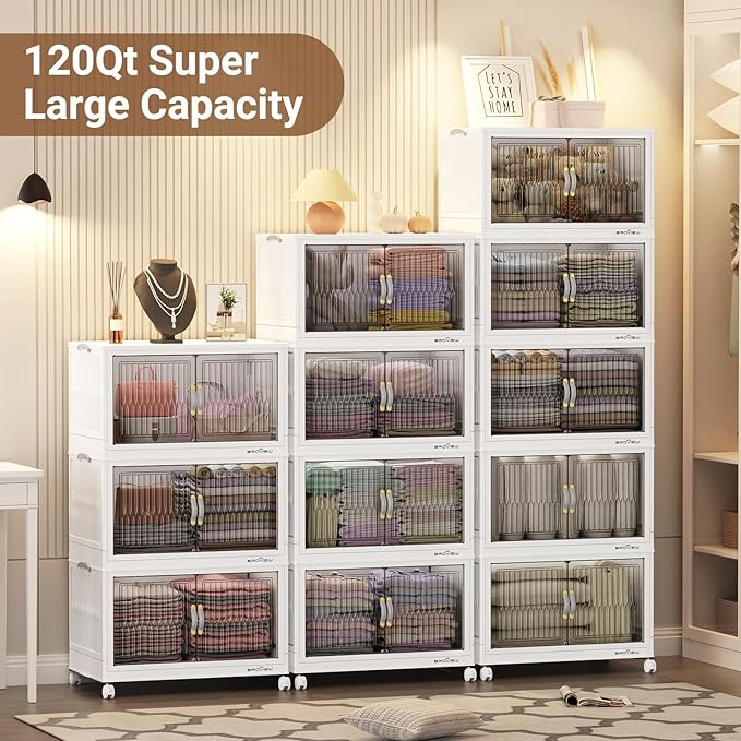 BROVIEW 600Qt Stackable Storage Bins with Lid, Extra Large Closet Organizer Collapsible Drawer Boxes with Wheels, Folding Plastic Cabinet Containers for Home Kitchen Room Organization, 5Pack White