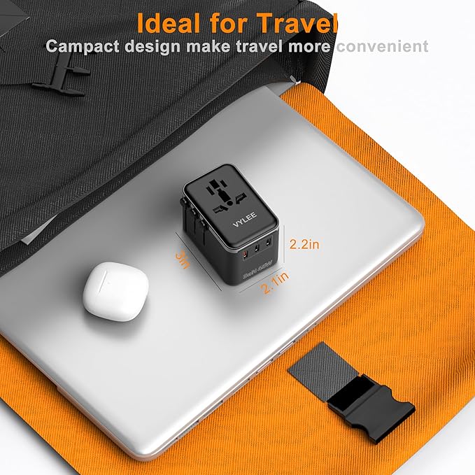 Universal Travel Adapter, VYLEE 45W International Plug Adapter with PD Fast Charging, 5-Port (1 AC/1 USB-A/3 USB-C), Wall Charger Worldwide Travel Essentials Plug for USA EU UK AUS Japan (Black)