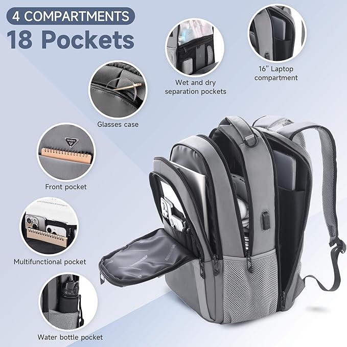 Multipocket TSA Travel Laptop Backpack for Men, Anti-Theft Business Daypacks, Airline Approved Personal Item Work Bag,Water Resistant 16 Inch Work Computer Backpack