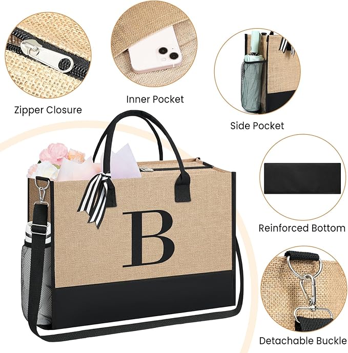 BAGAIL Initial Tote Bag, Personalized Birthday Gifts for Women, Teacher, Friends, Mom, Wedding, Monogrammed Beach Bag