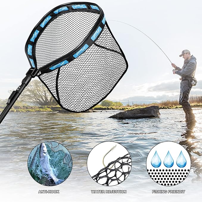 PLUSINNO Floating Fishing Net for Steelhead, Salmon, Fly, Kayak, Bass, Trout Fishing, Catfish, Rubber Coated Landing Net for Easy Catch & Release for Easy Transportation & Storage