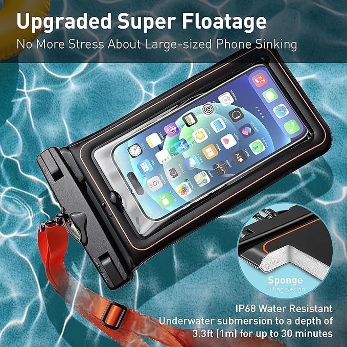 Marine IP68 Waterproof Phone Pouch, Floating Waterproof Dry Bag Compatible for iPhone 16 15 14 13 12 Pro Max Plus Up to 7"，Cellphone Cruise Essentials Must Haves, 1 Pack- Black/Hi-Vis Orange