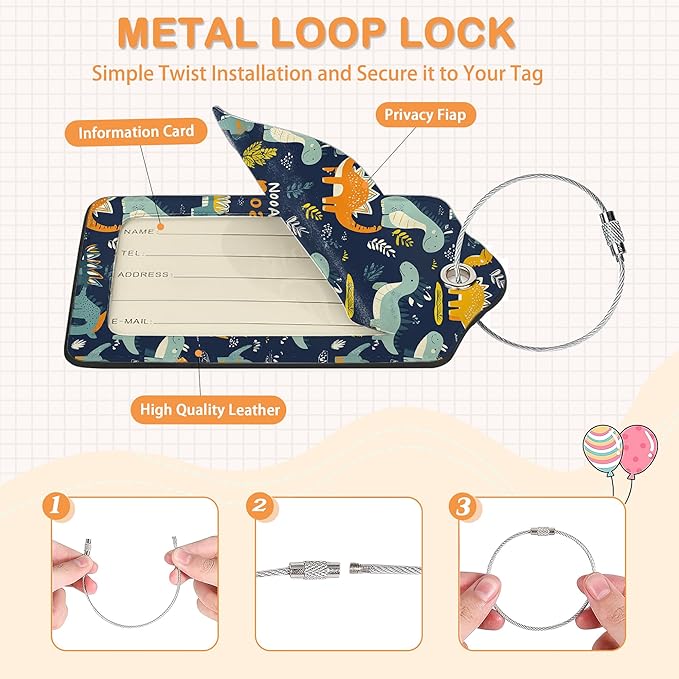 Cute Funny Dinosaurs 3 PCS Luggage Tags, Colorful Dinosaurs Leather Suitcase Tags with Privacy Cover Name Address Labels and Durable Steel Loop for Men/Women Travel Bag Suitcases