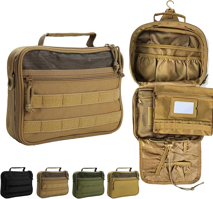 Toiletry Bag for Men, Travel Hanging Hook Toiletry Bag, Spacious Portable Organizer Dopp Kit Shaving Bag for Toiletries Makeup Accessories Tactical Essentials - Khaki