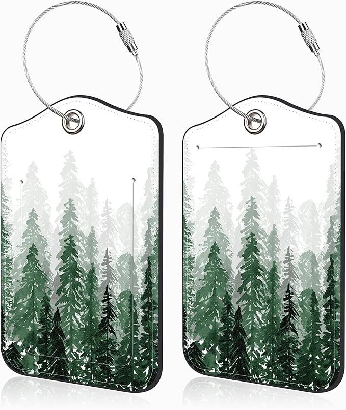 2 Pack Luggage Tags for Suitcases Watercolor Foggy Forest Leather Luggage Tags Privacy Cover ID Label with Stainless Steel Loop and Address Card for Women Men Travel Bag Backpack