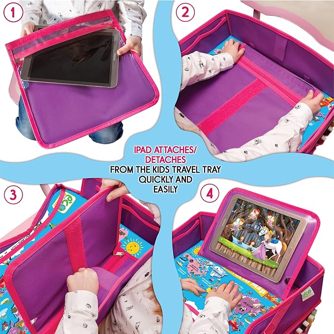 Kids Travel Tray - Waterproof Lap Table with No-Drop Large Tablet Holder - Car Seat Tray - Road Trip Essentials Kids - Car Desk Organizer for Airplane - Toddler Travel Essentials (Pink)