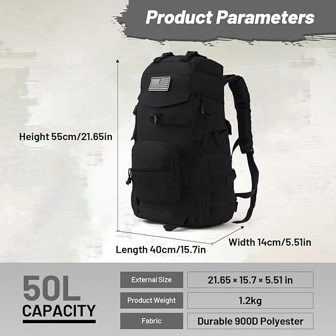 50L Tactical Backpack for Men and Women, Water-Resistant Molle Rucksack, Large Military Assault Pack for Hiking, Hunting, Camping, Gym & Outdoor Survival Black