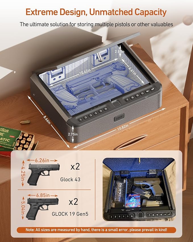 BILLCONCH Gun Safe for Handgun - Biometric Gun Safe 4 Ways Quick Access with Fingerprint/Full-digital Keypad/Key/APP Lock Handgun Pistol Safe for Nightstand Bedside Home