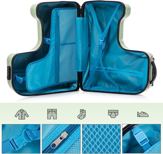 Apelila 22 inch Ride on Suitcase for Kids Travel Trolley Luggage with Spinner Wheels for Child with Combination Lock/Safety Belt/Telescoping Handle (Green)