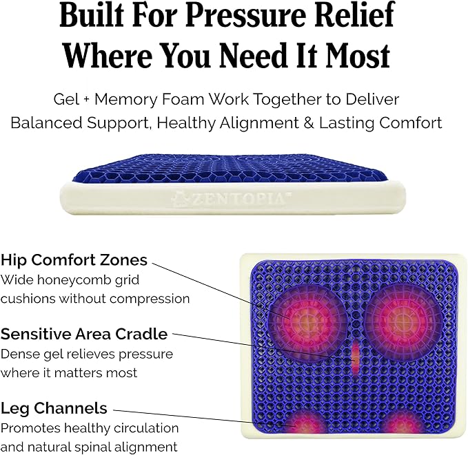 Gel and Memory Foam Seat Cushion – Office – Ergonomic Cushion Pad for Tailbone Pain - Desk Chair Car Seat Cushion Driving - Sciatica & Back Pain Relief (Blue)