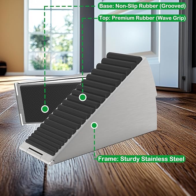 Door Stoppers for Bottom of Door Heavy Duty Adjustable Spring Loaded Rubber Wedge 0.2-3" Stackable Set–1 Large + 2 Small, Non-Slip Base, Security Door Stopper for Interior/Exterior/Home/Office