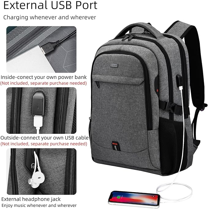 DUSLANG 17 Inch Travel Laptop Backpack Water Resistant College Backpack for Men/Women Laptop Bag with USB Charging Port, Light Grey and Black