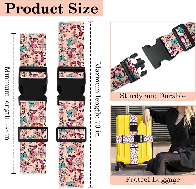 Butterfly Luggage Straps for Suitcases TSA Approved, Luggage Identifiers for Suitcase, Adjustable Suitcase Strap for Baggage Security with Cute Patten, Travel Necessary Accessories (2Pack)
