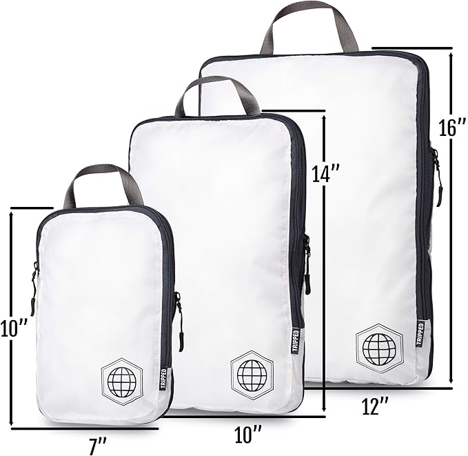 Large Compression Packing Cubes 6 Piece Set for Travel with Lightweight Laundry Bag for Carry-On Suitcase by TRIPPED Travel Gear (White)