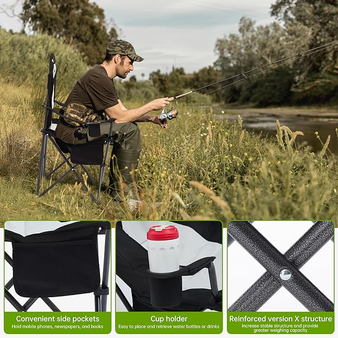 Camping Chairs for Heavy People, Folding Chairs for Outside Outdoor Folding Chairs with Cup Holder & Cooler Bag, Camp Chairs Supports up to 500lbs(2 PC, Black White)