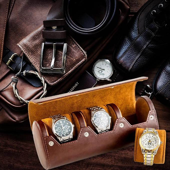 MR.OKAY 3 Watch Travel Case- Classic Leather Watch Case With Perfect Texture.Portable Watch Roll Or Organizer For Storage And Display. Luxury Gifts For Men, All Handmade by Artisans.