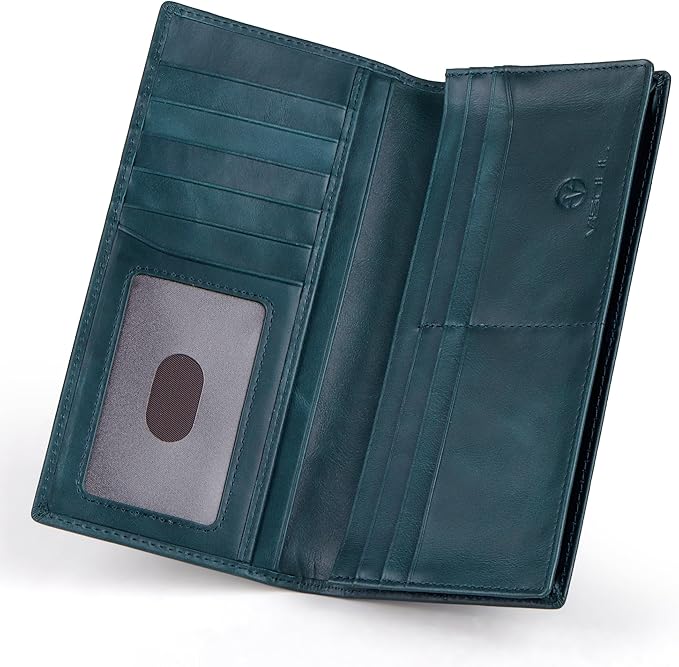 VISOUL Mens Checkbook Leather Wallets Long Bifold Wallets for Men Suit Wallet with 3 Cash Compartments 12 Credit Card Slots (Dark Blue)