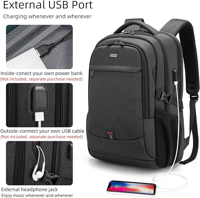 DUSLANG 17 Inch Laptop Backpack for Travel Water Resistant College Backpack for Men/Women Laptop Bag with USB Charging Port and TSA lock,Black