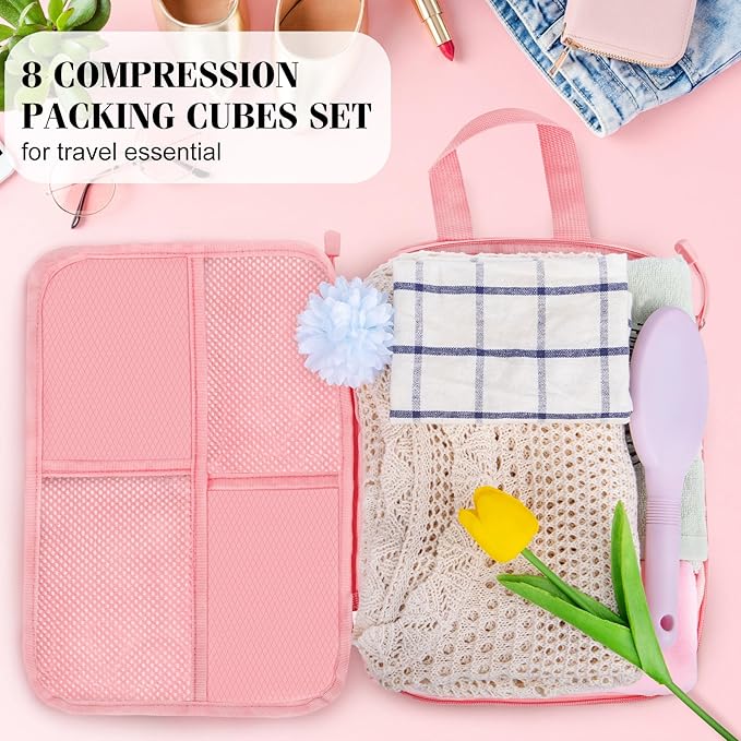 8 Set Compression Packing Cubes Travel, Lightweight Expandable Travel Cubes Suitcase Organizer for Carry On Luggage Suitcase, Pink